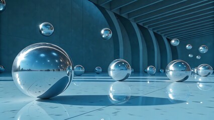 Futuristic 3D Floating Spheres in Cool Blue Light, Polished Chrome Texture, Clean Composition