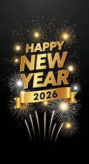 Golden happy new year 2026 text with fireworks and sparkling lights on a dark background