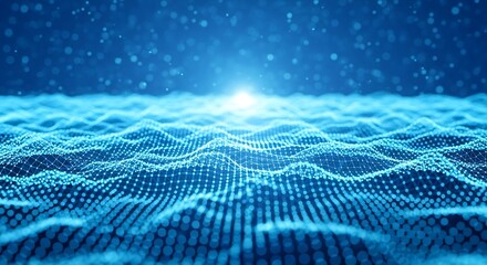Abstract glowing blue digital wave pattern with light particles in a futuristic science concept