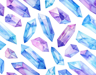 Watercolor gemstone pattern. Blue and purple crystals on a black background, painted with delicate detail and soft shading