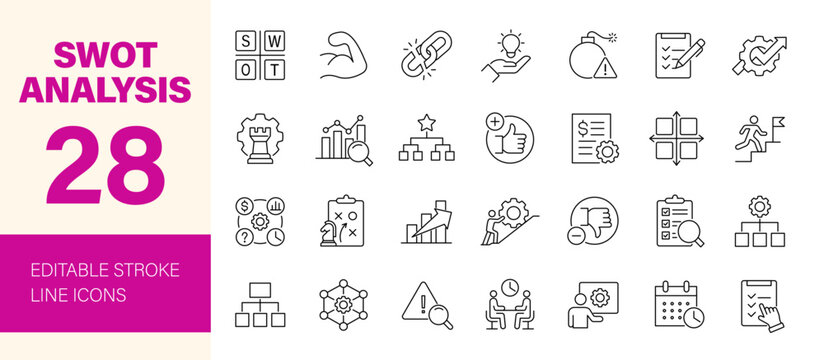 SWOT analysis icon set. Containing strengths, weaknesses, opportunities, threats and more. Editable line icons. Vector illustration.