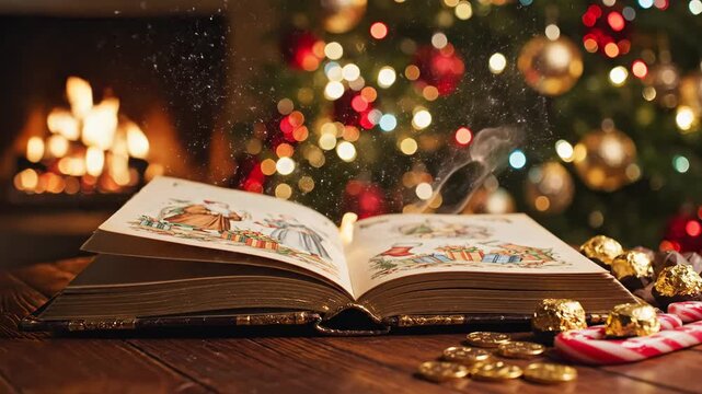 Christmas Eve Storybook Scene - An open storybook rests on a wooden table, with Christmas tree lights and ornaments blurred in the background.