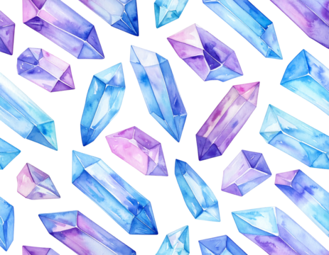 Watercolor gemstone pattern. Blue and purple crystals on a black background, painted with delicate detail and soft shading