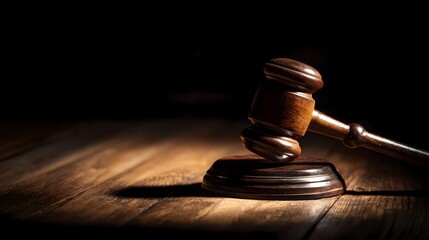 Darkly lit wooden gavel rests on a sounding block upon an aged wooden surface.
