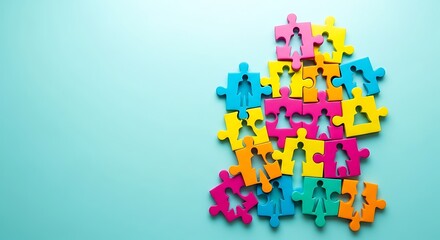 Colorful interlocking puzzle pieces forming abstract shapes against a solid teal background
