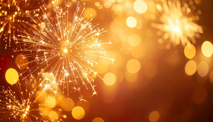 Fototapeta premium Exploding golden fireworks lighting up the dark sky in celebration. Spectacular golden fireworks display creating a festive scene. Brilliant golden fireworks bursting in a shimmering night sky