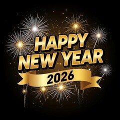 Golden happy new year 2026 text with a festive firework display against a dark background