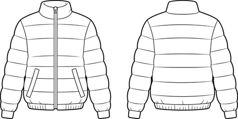Puffer jacket technical flat sketch, front and back view fashion template, quilted winter coat design, apparel illustration, garment drawing, clothing pattern, outerwear vector