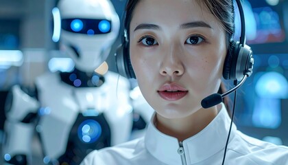 A focused young woman in a headset stares at the viewer, with a futuristic robot blurred in the background, in a tech environment