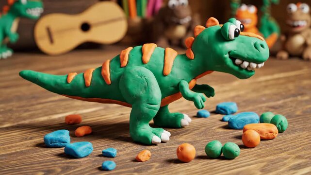 Playful Clay Dinosaur Scene - A green and orange clay dinosaur with big eyes stands on a wooden surface in a stop motion setup.