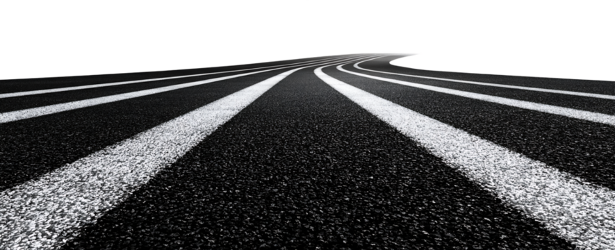 Grayscale Low Angle Shot of Asphalt Road with White Lane Markings on Transparent Background Transportation Theme, PNG