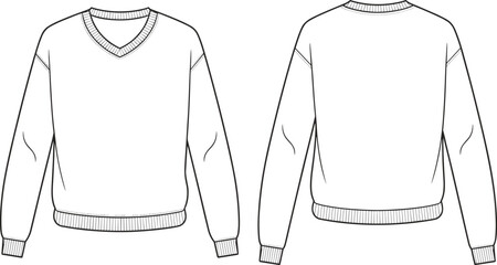 Technical fashion illustration, V neck sweater front and back, apparel flat sketch, garment design template, clothing vector drawing, knitwear outline, ribbed cuffs hem, unisex pullover