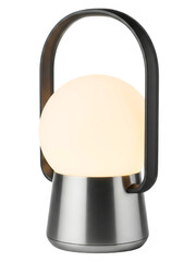 Modern portable table lamp with a glowing orb and metal base on a transparent background
