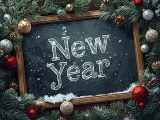 Festive New Year's wishes chalkboard with evergreen and ornaments, ideal for holiday promotions and seasonal greetings in winter