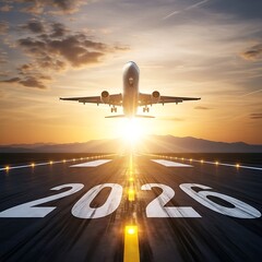 Airplane taking off into the sunset over a runway painted with the year 2026