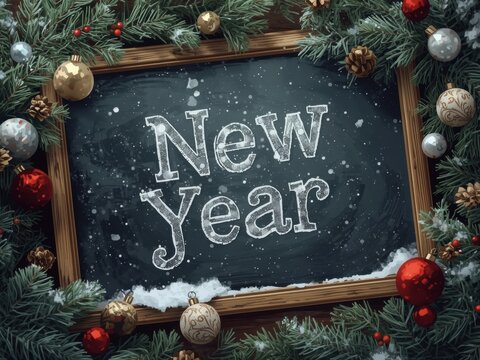 Festive New Year's wishes chalkboard with evergreen and ornaments, ideal for holiday promotions and seasonal greetings in winter