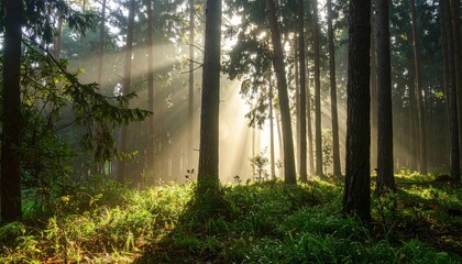 Obraz premium Morning sun filtering through dense forest trees
