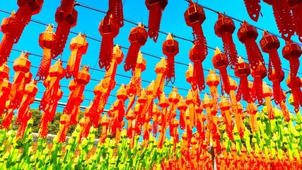Blurred of lanterns in Wat Phrataj-Hariphunchai , Lumphun province Thailand.