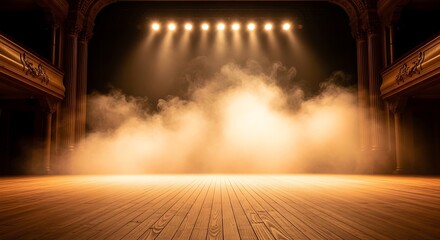 Empty theater stage illuminated by warm spotlights with atmospheric smoke and dramatic lighting