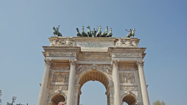Arco della Pace in Milan &ndash; Front View of Monument with Bronze Quadriga, Italy, filmed on September 15, 2025.