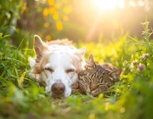 Dog and cat snuggle together in sunlit tall grass