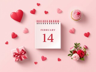 Romantic Valentine's Day arrangement with hearts, cupcake, gift, flowers, and calendar date