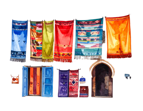 Watercolor illustration of colorful rugs and doors, hung and standing against a solid black background