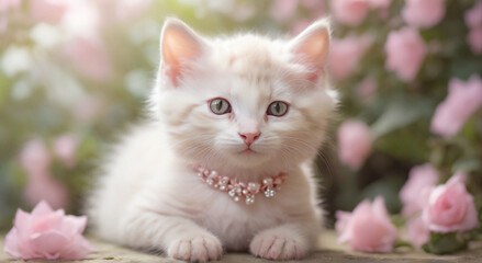 White kitten with brown markings wearing jeweled necklace. Adorable young cat sitting in pink flower garden. Soft fur kitten surrounded by blooming pastel flowers. Elegant white cat with gem necklace.