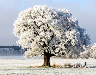 Frost-covered tree stands majestic in a snowy winter landscape