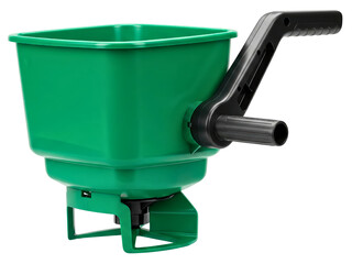 Green handheld crank spreader for garden seeds and fertilizer on a transparent background