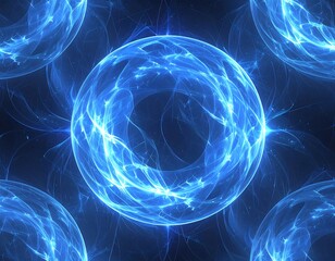 Glowing blue spheres of energy against a dark backdrop