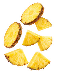 flying pineapple slices isolated on white and transparent
