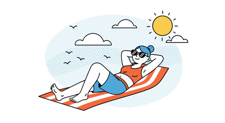A relaxed woman enjoys sunbathing on a striped beach towel under a sunny sky with clouds and birds, embracing summer leisure.