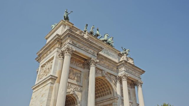 Arco della Pace in Milan, Bronze Quadriga and Architectural Details , Italy, filmed on September 15, 2025.