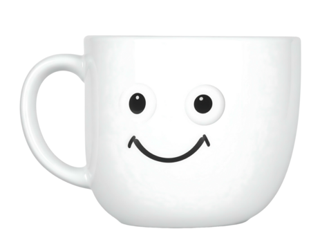 White mug with black eyes and a smile, simple, cartoonish, floating, isolated on a transparent background - Powered by Adobe