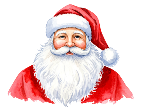 Watercolor illustration of Santa Claus with a fluffy white beard and bright red hat and robe on a transparent BG