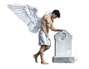 Winged figure stands mournfully at a grave, somber and alone, a symbol of loss