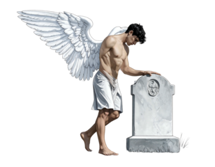 Winged figure stands mournfully at a grave, somber and alone, a symbol of loss