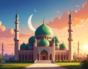 Elegant, pastel-colored illustration of a mosque at sunset