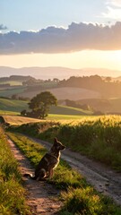 Dog sits on a dirt path in a sunny, green countryside landscape