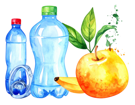 Watercolor illustration water bottles, apple, banana, leaves, and tape measure on a black background