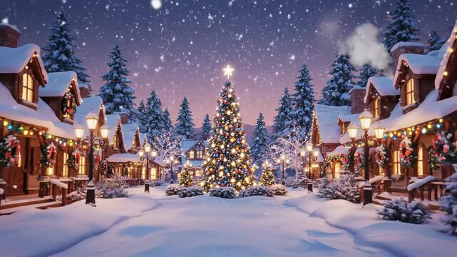 Snowy Christmas Village Scene - A Christmas tree sparkles in the center of a snow-covered village. Houses line the street with lights and decorations as snow falls.