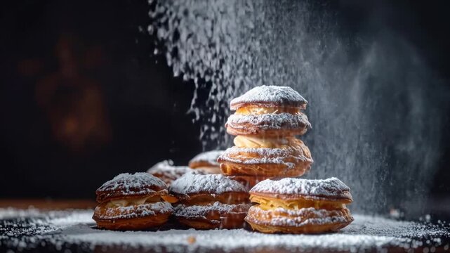 Delicious Cream Puffs Sprinkled with Powdered Sugar Delightful Dessert.