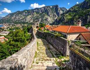 Elevated stone pathway with fortress wall & backdrop of mountains