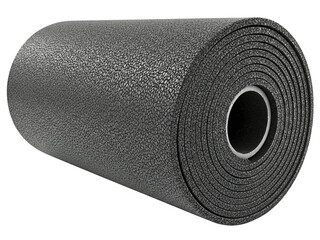 Roll of black pebbled texture rubber gym flooring material on a transparent background