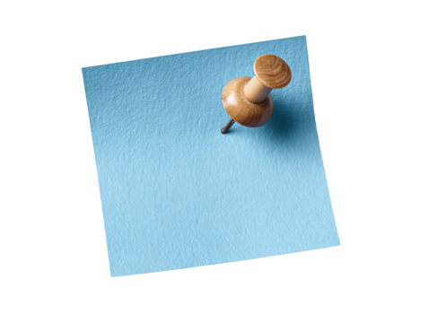 Light Blue Square Note Pinned with Brown Pushpin on Isolated Transparent Background Paper Note Office Stationary, PNG