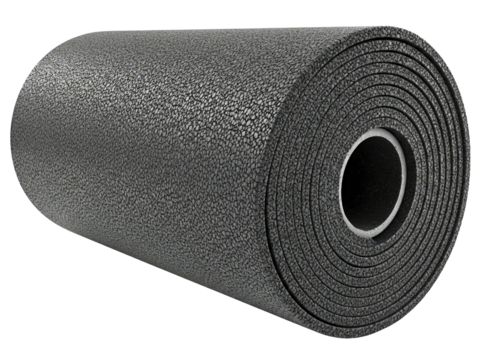 Roll of black pebbled texture rubber gym flooring material on a transparent background