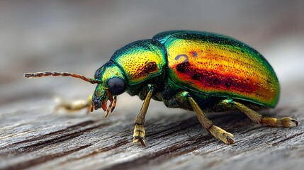 Fototapeta premium Iridescent insect exhibits vibrant metallic coloration resting upon weathered wood surface