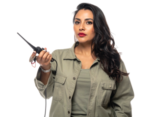 Woman with long hair, olive shirt, holds a walkie-talkie in her right hand, set against a pure black background