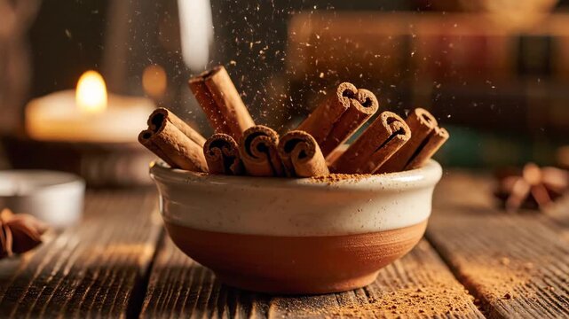 Cinnamon Sticks Still Life - A bowl filled with cinnamon sticks sits on a rustic wooden surface, with cinnamon powder sprinkling in the air.